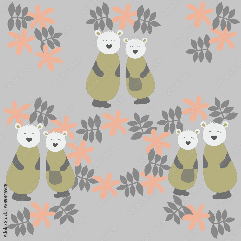 Obraz premium Cute koala couple vector design with kawaii style with flower leaves for print background