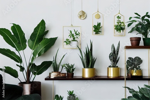 Interior design of living room with gold mock up photo frame on the green shelf with beautiful plants in different hipster and design pots. Elegant personal accessories. Home jungle. Template.