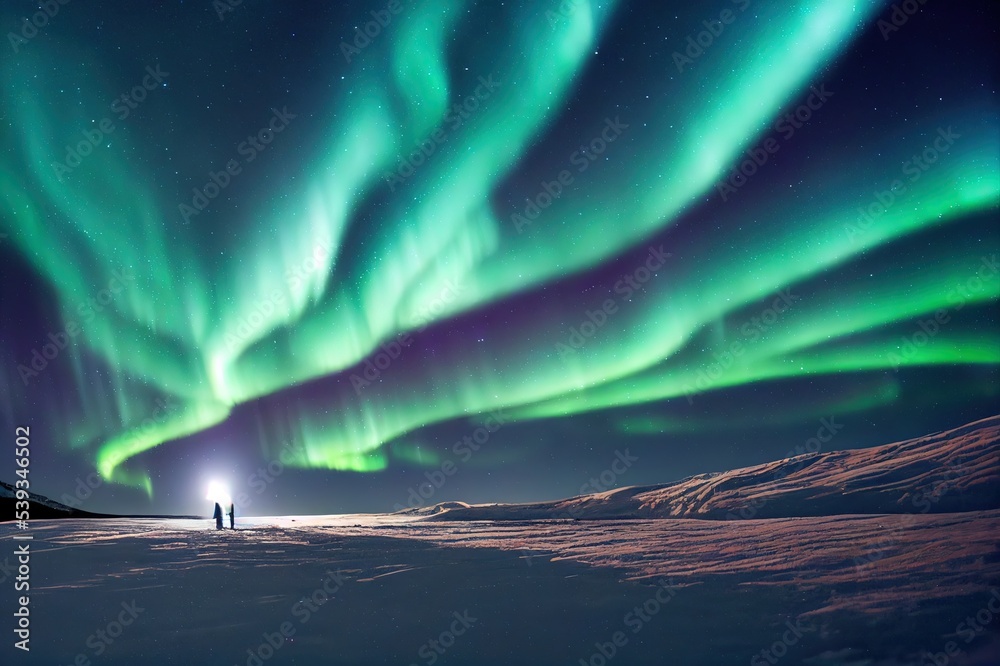 Tourist with flashlight near yellow tent lighted from the inside against the backdrop of incredible starry sky with Aurora borealis. Amazing night landscape. Northern lights in winter field