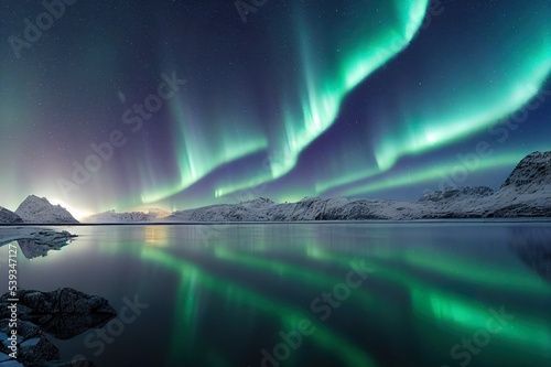 Aurora Borealis  Lofoten islands  Norway. Nothen light and reflection on the lake surface. Winter landscape at the night time. Norway travel image