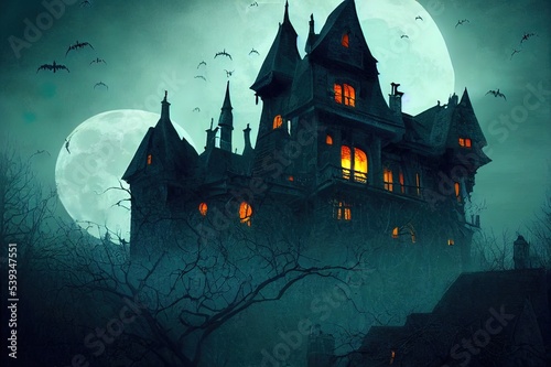 Haunted Gothic castle at night. Old spooky house in full moon. Creepy view of dark mystery castle with bats. Scary gloomy scene for Halloween theme. Horror and terror concept.. High quality