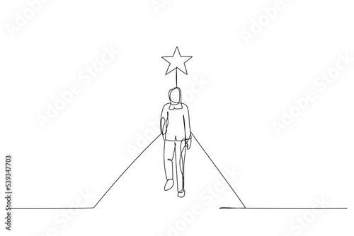 Cartoon of businesswoman walks on the boundless road to the bright star. Single line art style