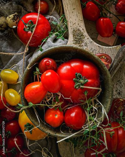 Overhead photo of tomatoes in a bowl and on wood table.