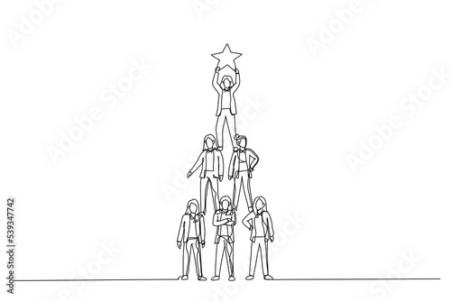 Illustration of teamwork businesswoman pyramid to reach star. Single continuous line art style