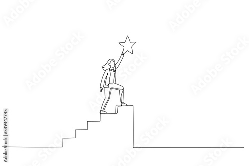 Drawing of businesswoman climb up stair to the top to reaching to grab precious star reward. Concept of accomplishment. One line art style