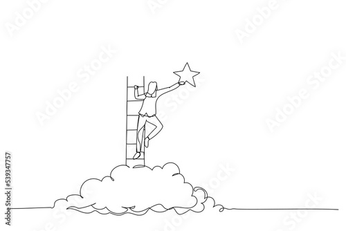 Illustration of businesswoman reach out for the stars. Single continuous line art style