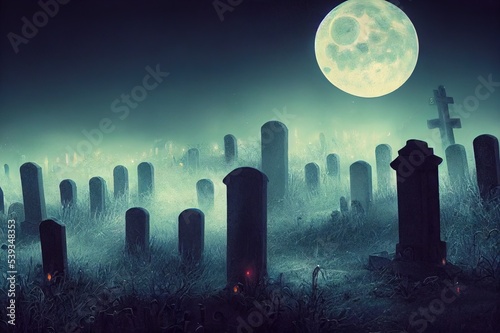 Scary and mystical cemetery at night with tombstones, graves and crosses on a moonlight night. Halloween, magic and mysticism.. High quality Illustration