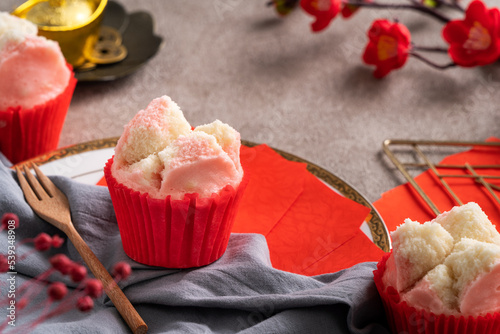 Cute traditional Chinese steamed sponge cake - Fa Gao, for lunar new year festival celebration food. photo