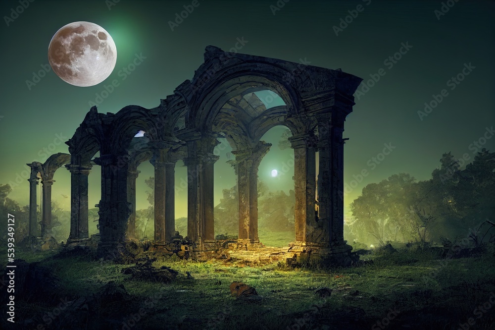 Fototapeta premium Fantasy full moon scene with old abandoned ruins. 3D illustration.