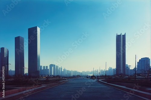modern buildings with empty road under blue sky tianjin china.