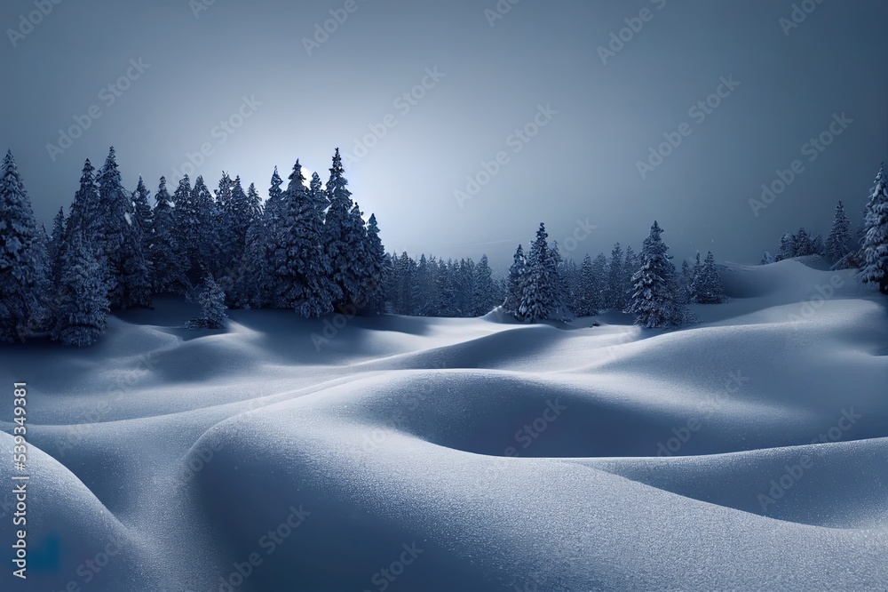 Abstract Winter landscape scene with a podium for product display. 3d rendering. Abstract Winter landscape scene with a podium for product display. 3d rendering.