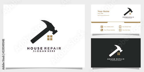 house repair logo design vector with hammer element icon and business card template