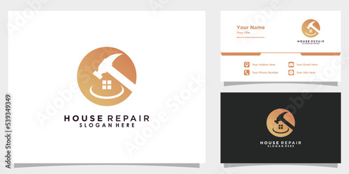 house repair logo design vector with hammer element icon and business card template
