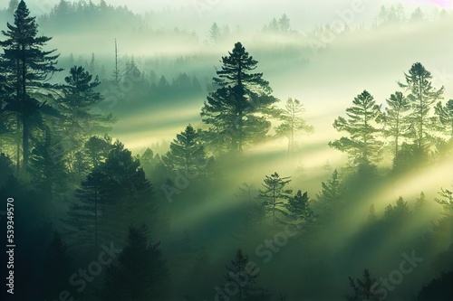 Panoramic view of the majestic evergreen forest in a morning fog. Mighty pine tree silhouettes. Atmospheric dreamlike summer landscape. Sun rays, mysterious golden light. Nature, fantasy, fairytale © 2rogan