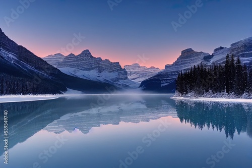 Foto Stunning blue hour shot of a boat house on a crystal clear winter morning at Lak