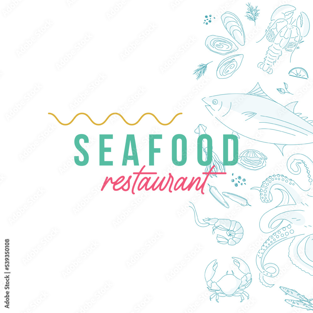 Vertical seafood border for booklet or menu on white background. Hand drawn sea fishes and fish fillet, oysters, mussels, lobster, squid and octopus, crabs, prawns. Healthy food natural set.
