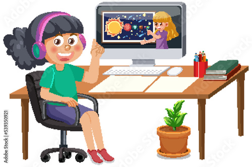 A girl studying online on computer