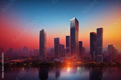 Sunrise over modern office buildings in business district center of Bangkok. Skyline view of cityscape with sunlight and flare in warm light color tone. Construction business concept.