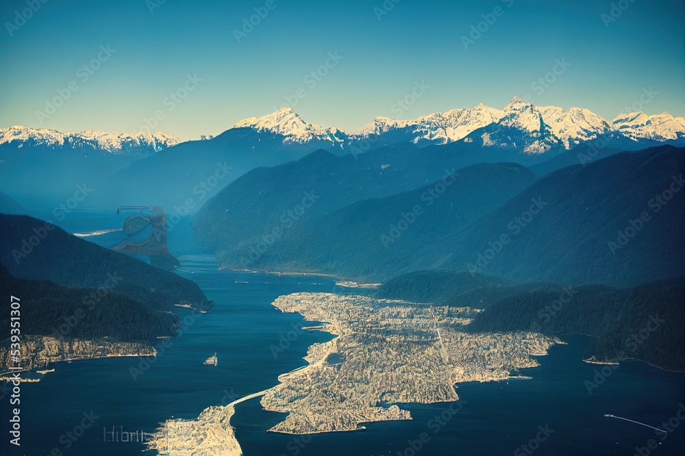 Naklejka premium Aerial Panoramic View of Sea to Sky Highway on Pacific Ocean West Coast. Sunny Winter Day. Located in Howe Sound between Vancouver and Squamish, British Columbia, Canada.