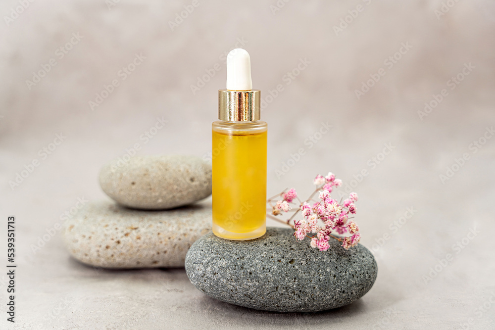Cosmetology product for facial care. Serum in glass bottle with pipette on stone. Essential oil for care of female skin. Skin care, moisturizing beauty product on pink background. Cosmetology product for facial care. Serum in glass bottle with pipette on stone. Essential oil for care of female skin. Skin care, moisturizing beauty product on pink background.