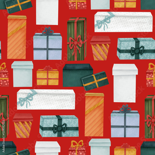 Gift boxes seamless pattern. Illustration in watercolor style for the design of packaging paper, fabric, textiles.