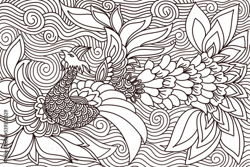 Exotic bird,fantastic flowers, leaves. Hand Drawn Fire bird illustration for Coloring Page. Coloring book for adults and children. 