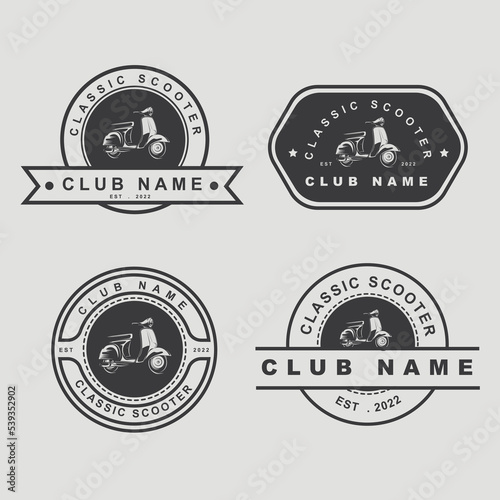 scooter emblems, logos, labels and design elements. Vector illustration isolated on white background.