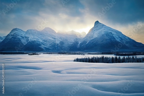 Winter frozen lake scene in northern Canada on a stunning cloudy sunset afternoon in March with white snow, mountains in background and iconic Canadian landscape in the north.