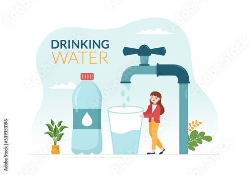 People Drinking Water From Plastic Bottles and Glasses with Pure Clean Fresh Concept in Flat Cartoon Hand Drawn Templates Illustration