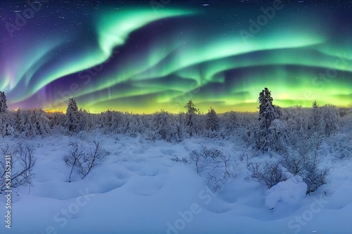 HDRI Snow forest with Aurora Borealis on the sky 52 Panorama