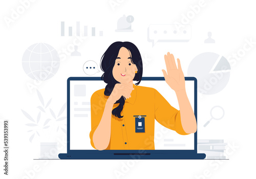 Business woman do business video call conference, telecommuting, Webinar, using laptop talk to colleagues, online learning and remote working concept illustration