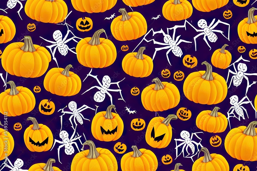 Halloween seamless pattern background design with pumpkin lantern, ghost, skull, spider, and other scary or festive elements on purple background. High quality Illustration