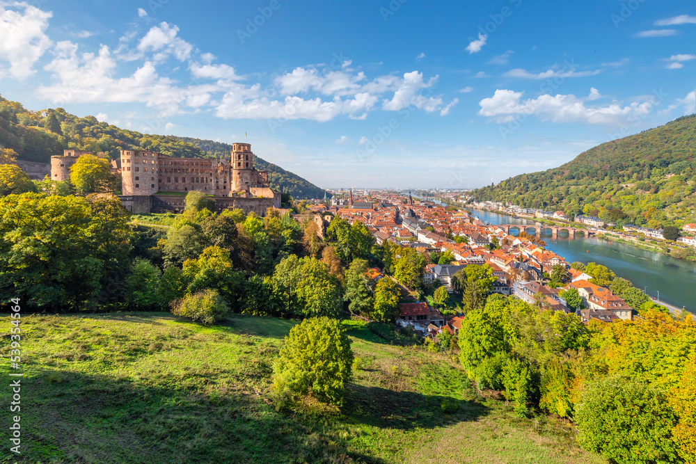 Hillside view from the grounds of the Heidelberg Castle Complex of the medieval Palace ruins, old town, bridge and Neckar River in the Bavarian city of Heidelberg, Germany.