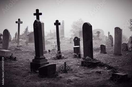 Fototapeta Misty view of dark stone crosses and tombstones in a deserted graveyard