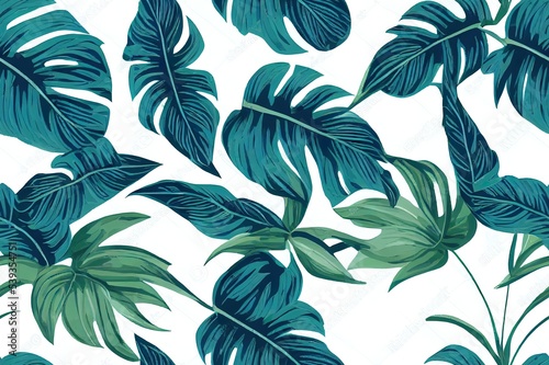 Exotic tropical vrctor background with hawaiian plants and flowers. Seamless indigo tropical pattern with monstera and sabal palm leaves, guzmania flowers. photo