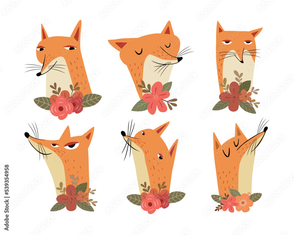 Fototapeta premium Beautiful cute fox heads illustrations set with flowers