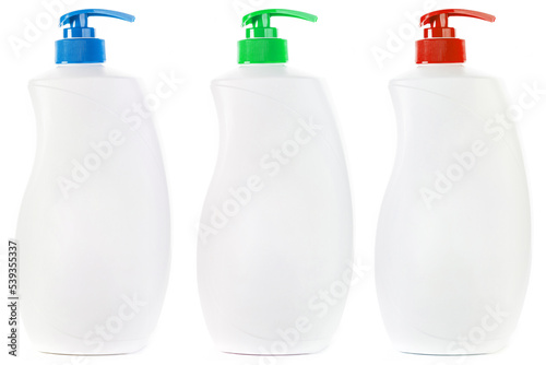 Plastic bottle set red, blue, green with dispenser pump for liquid soap , gel, lotion, cream, shampoo, bath shower foam. Blank product packaging mockup template design for ads