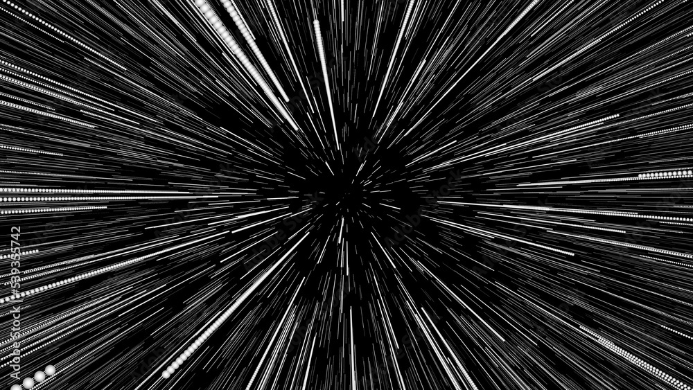 Obraz premium Space hyper-lapse or Space Jump or Hyperspace Jump stars. 3d rendering time travel, traveling through stars with the speed of light through a black hole in a space tunnel.