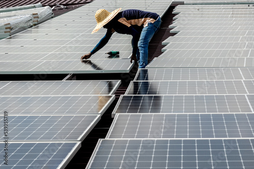 Sun Solar Power Panel for Alternative Green Energy Environmental Sustainable Technology Conservation by Workers and Engineers