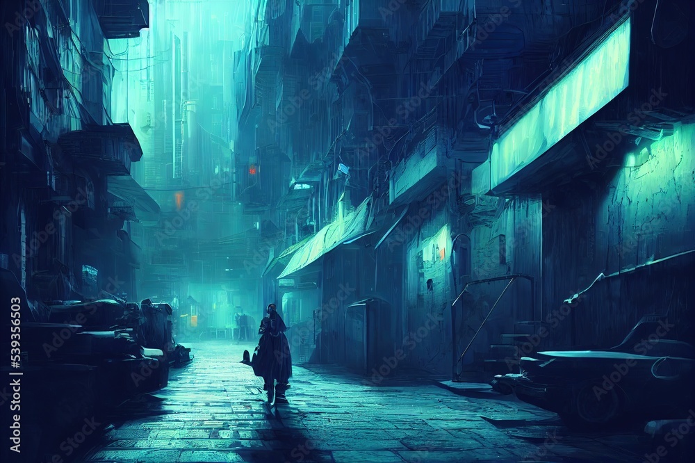 Dark seedy backstreet in a fantasy future cyberpunk city with moody blue tones. 3D rendering.
