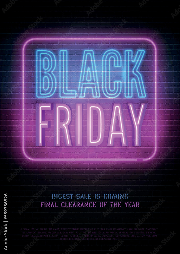 Obraz premium Black Friday sale youth neon vector banner template. Seasonal clearance, luxury store special price offer poster design. Stylish discount advert blue pink neon light and inscription on dark background