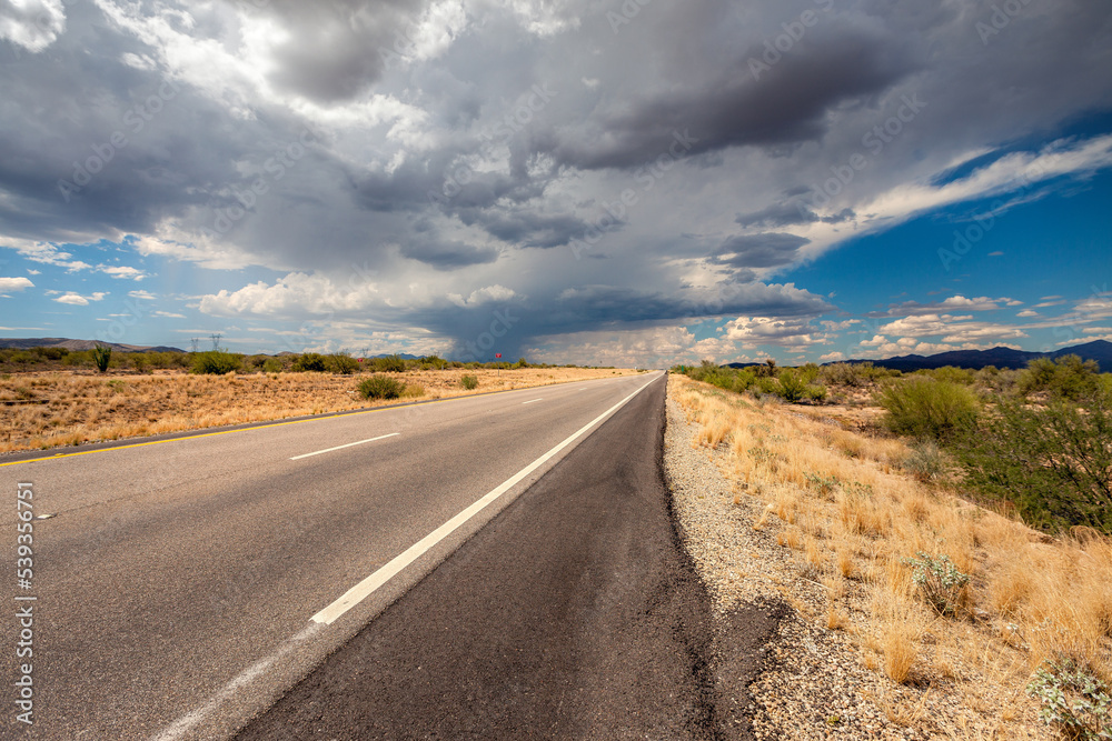 View of Apache trail scenic road before thunderstorm, Arizona, USA