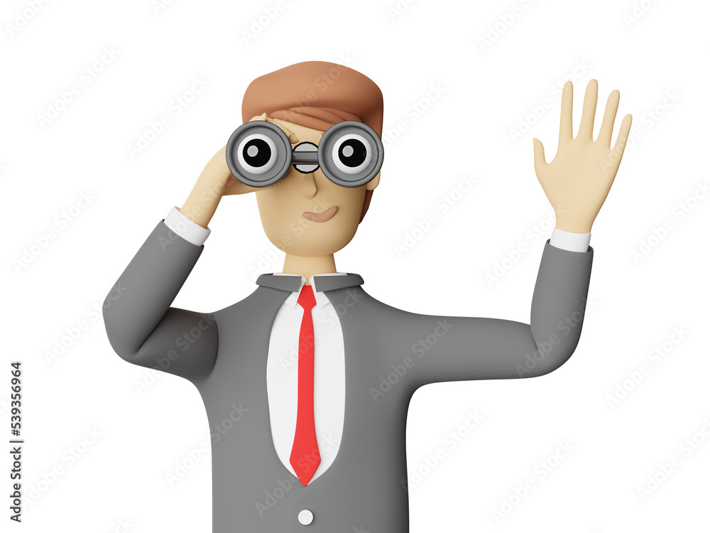 cartoon character businessman hand holds binocular isolated. 3d illustration or 3d render