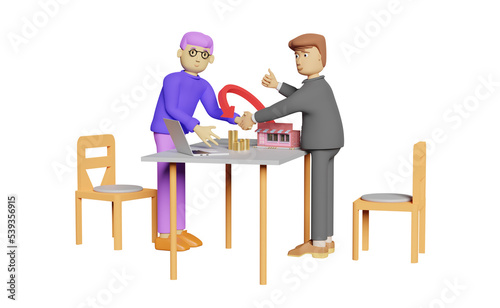 cartoon character businessman handshake with store model and pile of coins on table, successful agreement business concept, isolated. 3d illustration or 3d render