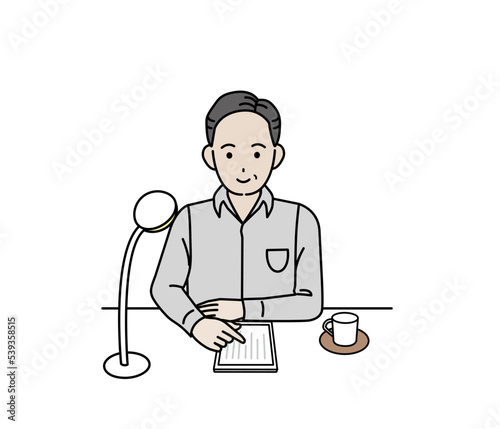 タブレットで電子書籍を読む中年の男性のイラスト