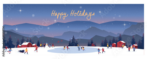 Banner vector illustration of winter night scene in countryside snow fall.Happy people outside.Play skate,snowman,snowball.Concept of happy holidays in the mountain.