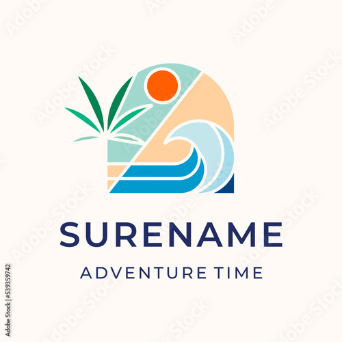 Coffee beach wave with palm tree and sun simple minimalist logo illustrations custom logo design vector illustration