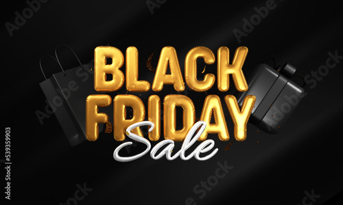 3D Golden And Silver Foil Black Friday Sale Text With Gift Box, Shopping Bag On Black Background.