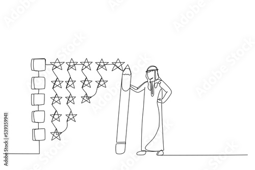 Drawing of arab businessman holding pencil to evaluate star feedback. Metaphor for evaluation. One line art style
