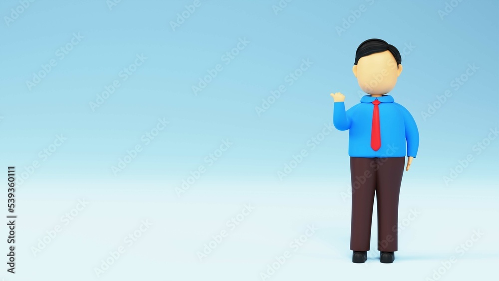 3D Cartoon Businessman Showing Something Against Blue Background. 3D Cartoon Businessman Showing Something Against Blue Background.